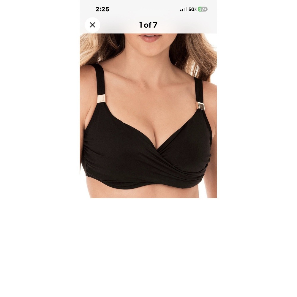Miraclesuit Women Sz 36DD Surplice Bra Bikini Top Swimsuit Black Underwire
